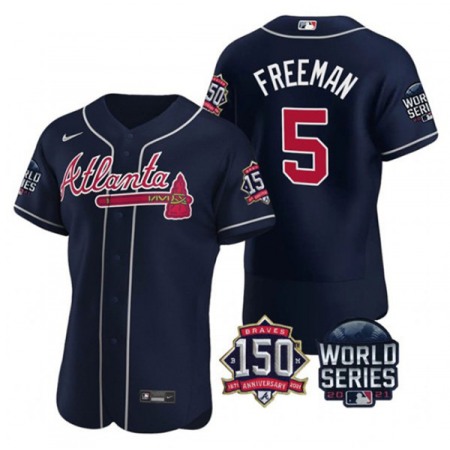 Men's Atlanta Braves #5 Freddie Freeman 2021 Navy World Series With 150th Anniversary Patch Stitched Baseball Jersey W045