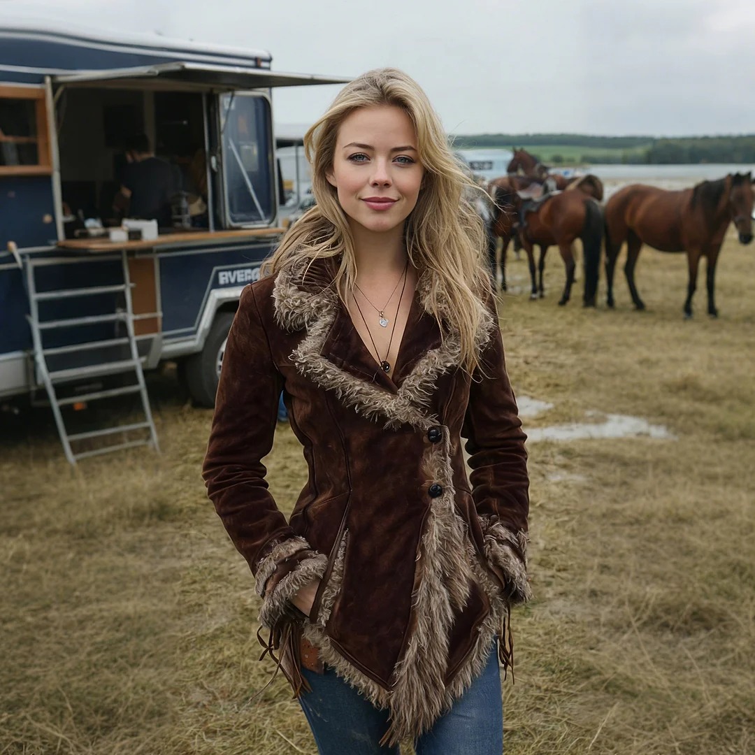 Women's Vintage Suede Coat Fur Collar Lapel Coat Beggar Style Coat