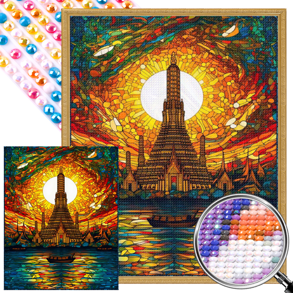 Glass Painting Of Tower By The Water 40*50cm(picture) full round drill diamond painting with 3 to 5 colors of AB drills