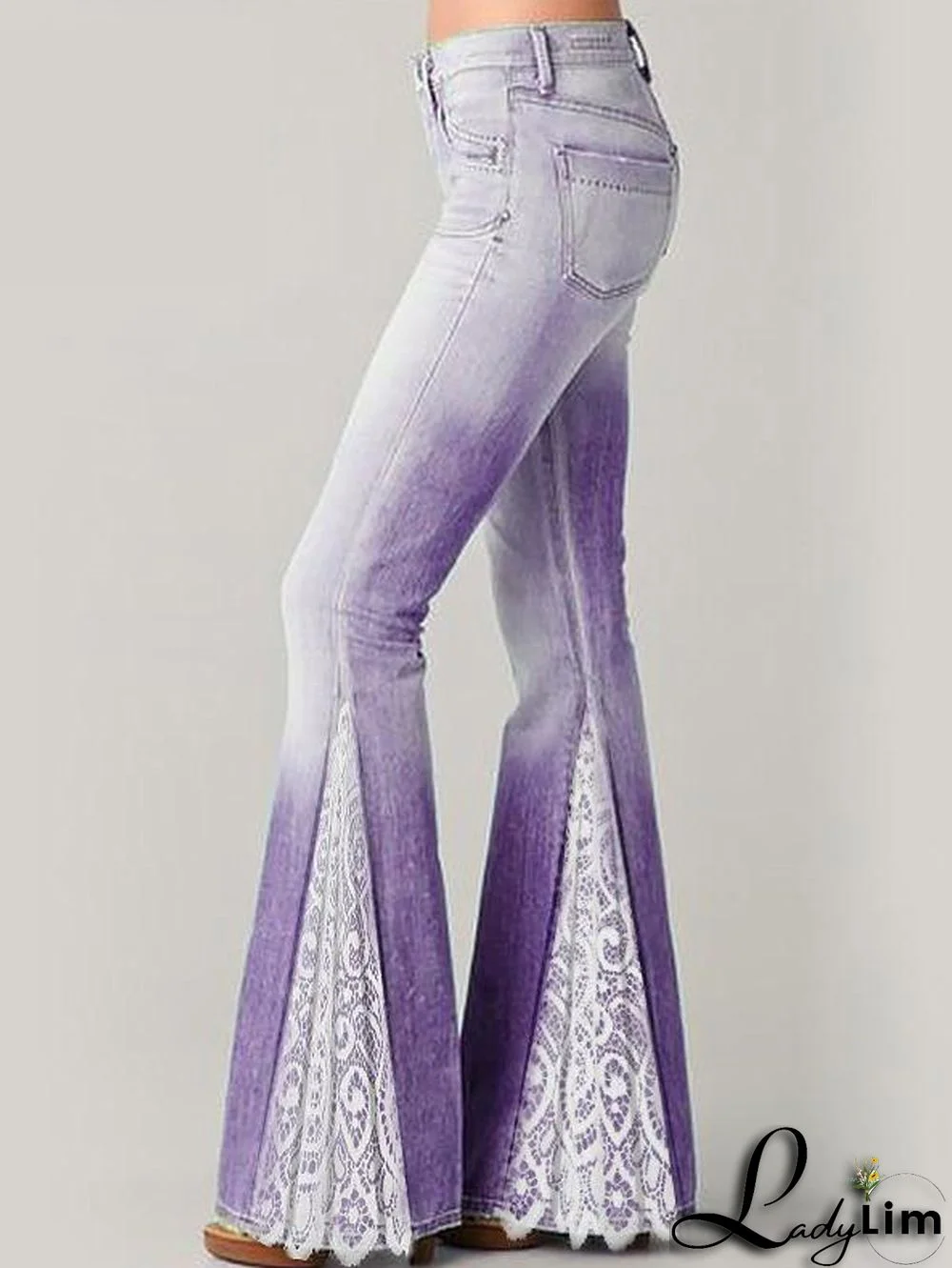 Fashion Denim Ombre Lace Patchwork Flare Leg Pants