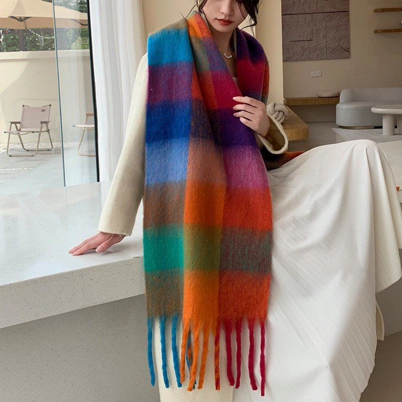 Rainbow Plaid Tassel Scarf For Women Autumn And Winter Famous Color Matching Cashmere Mohair Shawl Thickened Scarf