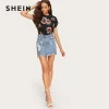 SHEIN Lady Black Roll Up Sleeve Flower Print Cap Sleeve Tee Top Women Summer Round Neck Casual Slim Fit Curve Hem T-shirts
