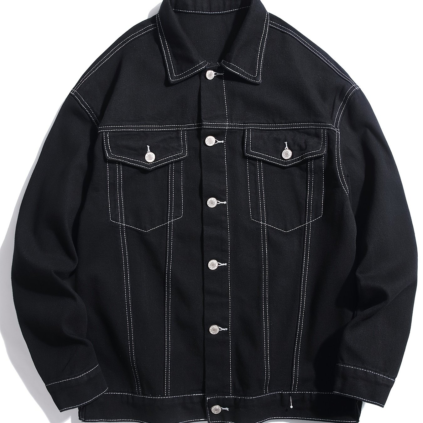 Men's Trendy White Line Double Pocket Loose Denim Jacket