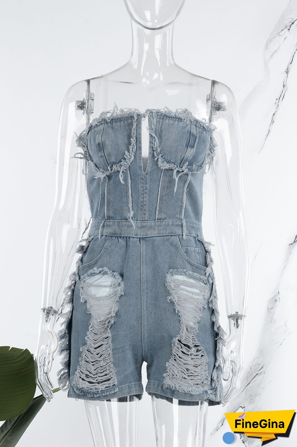 Blue Sexy Casual Street Solid Ripped Pocket Backless Strapless Sleeveless Regular Denim Jumpsuits
