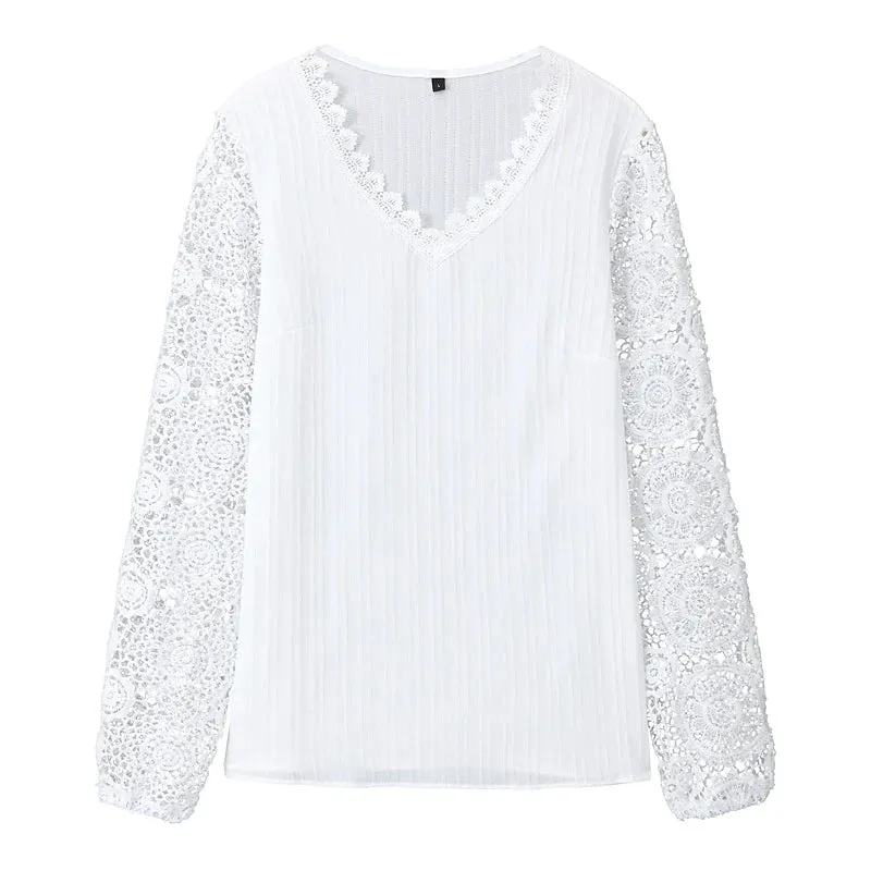 Womens Lace Shirt blouse plain black white pink long casual elegant fashion basic neck