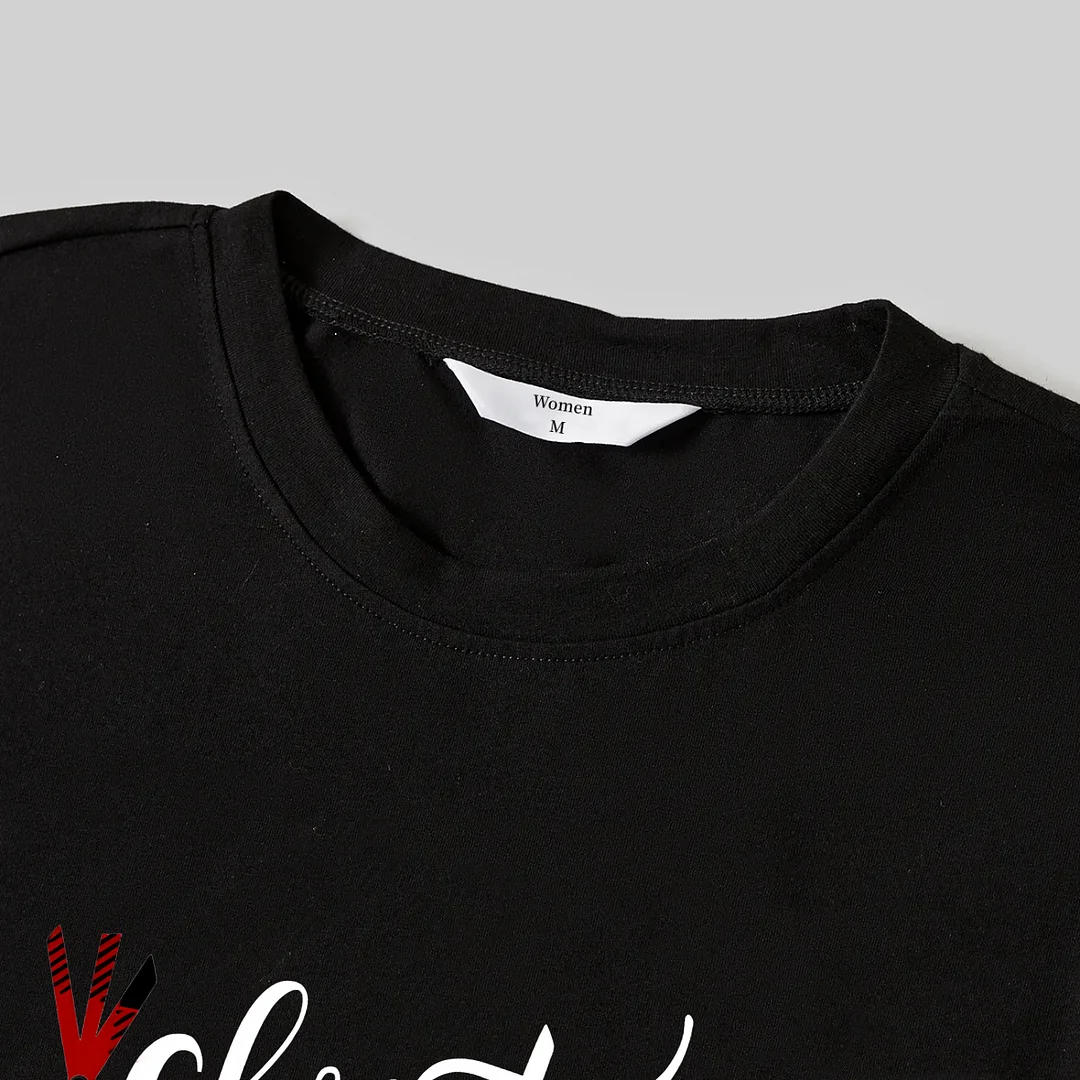 Christmas Text Print Black Long Sleeve Top with Red & White & Green Plaid Family Matching Pajamas 2024