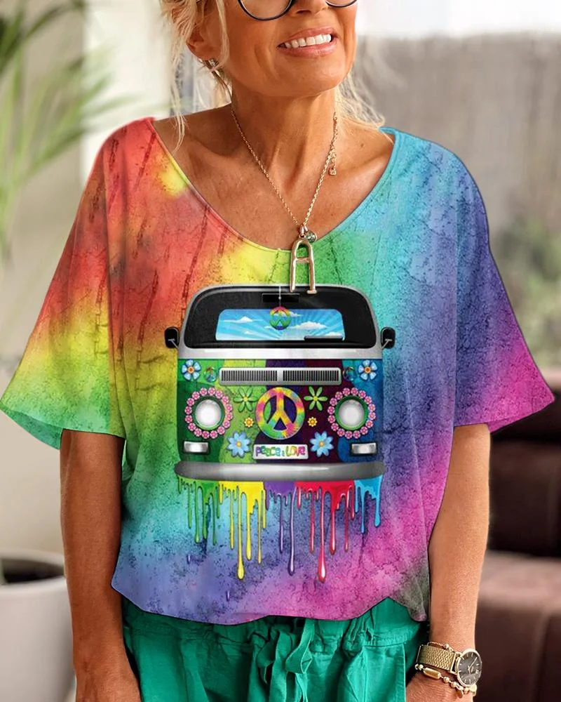Hippie Flower Bus V Neck T-shirt