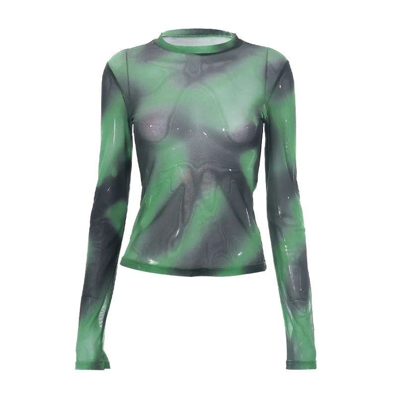 Uveng New Sweet And Cool Gradient Dizzying Mesh Printing Micro-Permeable Long-Sleeved Top Lady