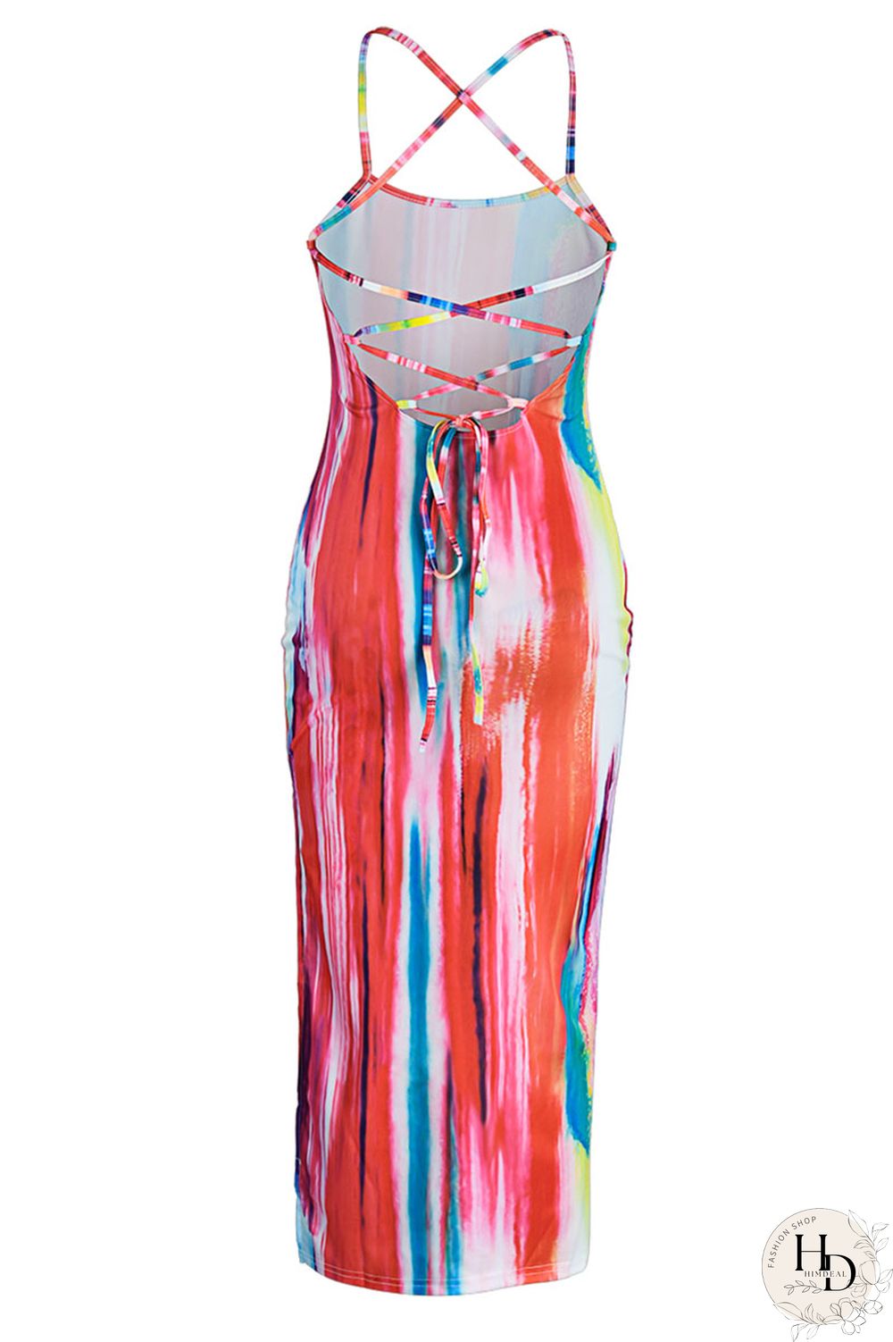 Yellow Sexy Print Hollowed Out Patchwork Slit Spaghetti Strap One Step Skirt Dresses