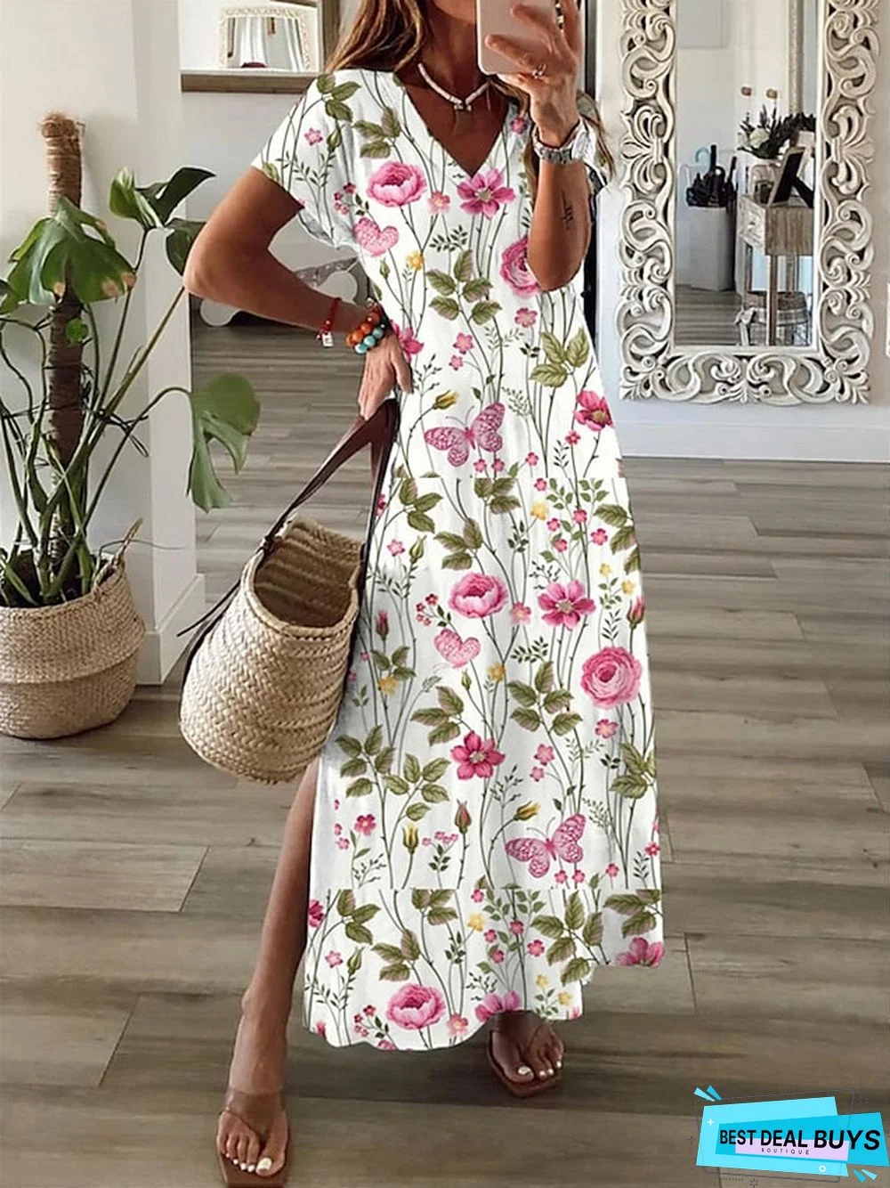 Women's Long Dress Maxi Dress Casual Dress A Line Dress Print Dress Flower Fashion Streetwear Daily Date Vacation Split Print Short Sleeve V Neck Dress Regular Fit White Pink Red Spring Summer S M L