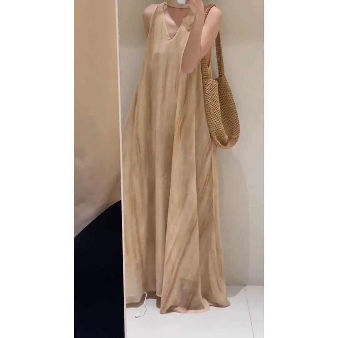 Churchf Churchf Vacation Fainting V-Neck Hanging Neck Dress Loose Belly Sleeveless Sleeve Sling Vest Long Dress
