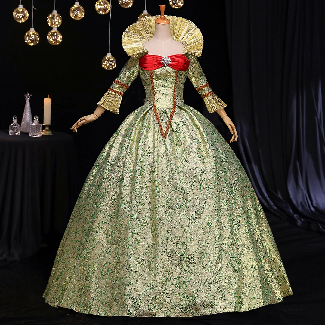 Light Green Halloween Costume Victorian Rococo Dress With Flared Sleeves and Pleated Stand Collar Novameme