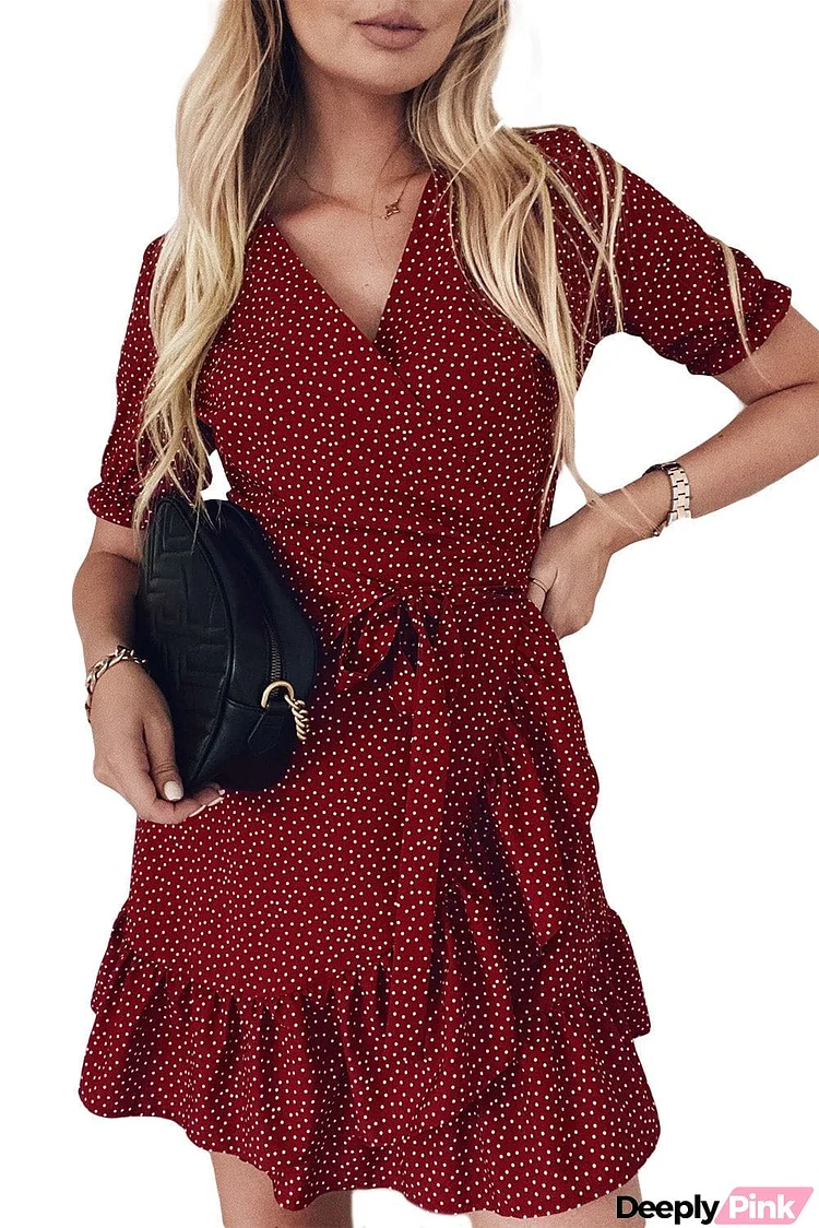 Bohemian Dotted Print Wrap V Neck Ruffled Mini Dress