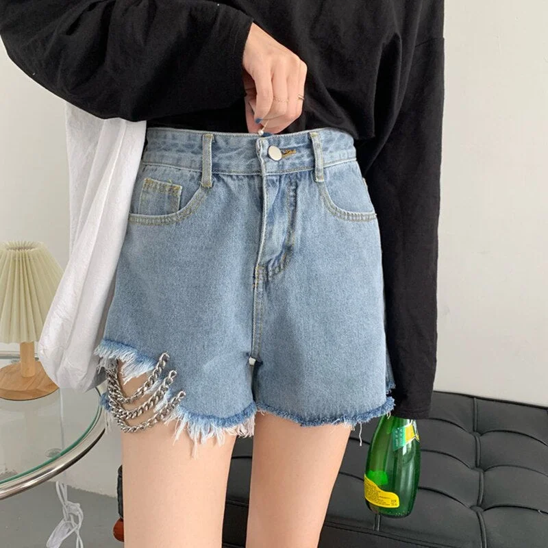 FTLZZ New Summer Women High Waist Chains Blue Denim Shorts Streetwear Female Loose Asymmetrical Tassel Ladies Jeans Shorts