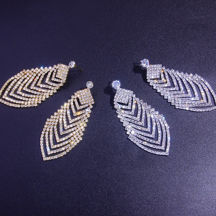 Fashion Glitter Rhinestone Rhombus Leaves Shaped Earrings