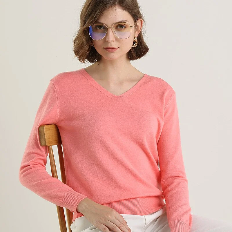 Women Sweater 2020 New V-neck Female Long-sleeved Knitted Pullover Jumper Pull Femme Clothes White Loose Thin Good Quality