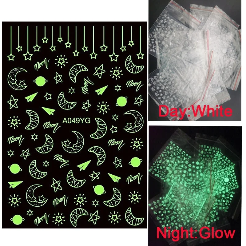 Luminous Fire Nail Art Stickers Glow In Dark Nail Decals Moon Butterfly Transfer Manicure Design Night Light Stickers-Nail Inspo