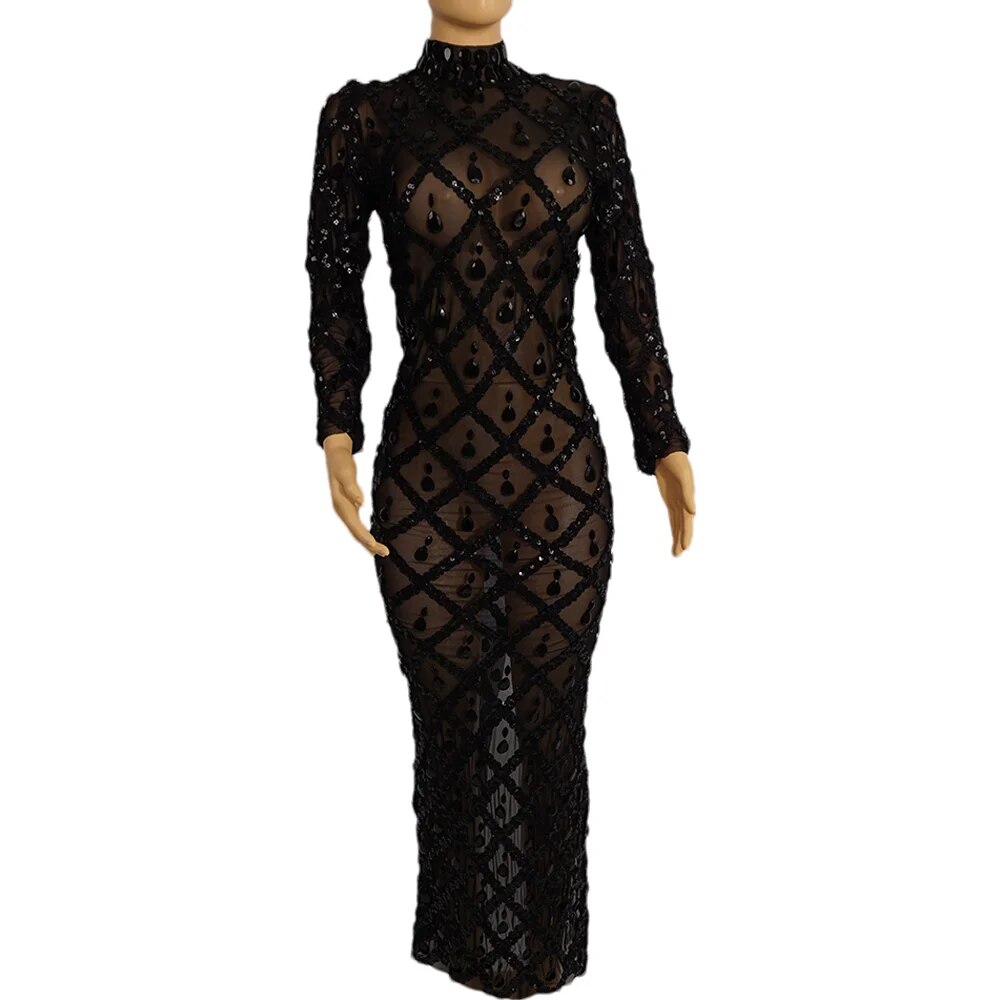 VCSHOES Full Wrap Black Stones Dress See Through Long Sleeve High Neck Evening Dress Festival Clothing Rhinstone Prom Special Ocassion