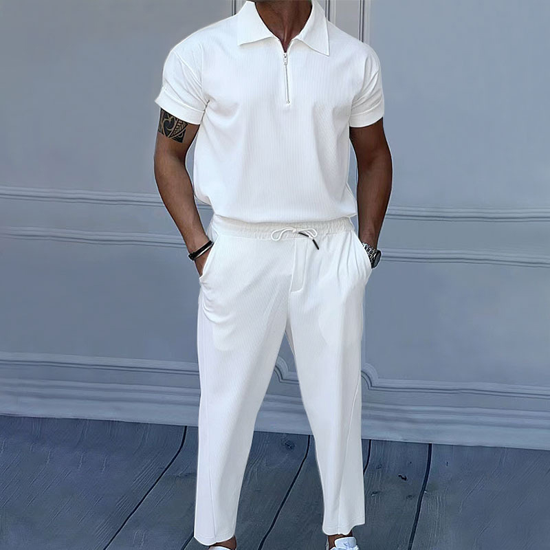 Fransikin fall fashion Men Spring Summer Fashion Short Sleeve Zipper Polo Shirt And Pants Suit 2025 Corduroy Slim Tracksuit Casual Solid Two piece Set