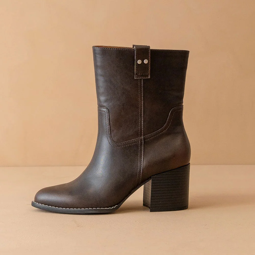 Chocolate Brown Mid Block Heel Round Toe Pull On Ankle Boots for Women
