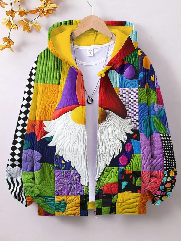 Women's Multicolor Patchwork Art Gnome Print Hooded Zip Up Jacket