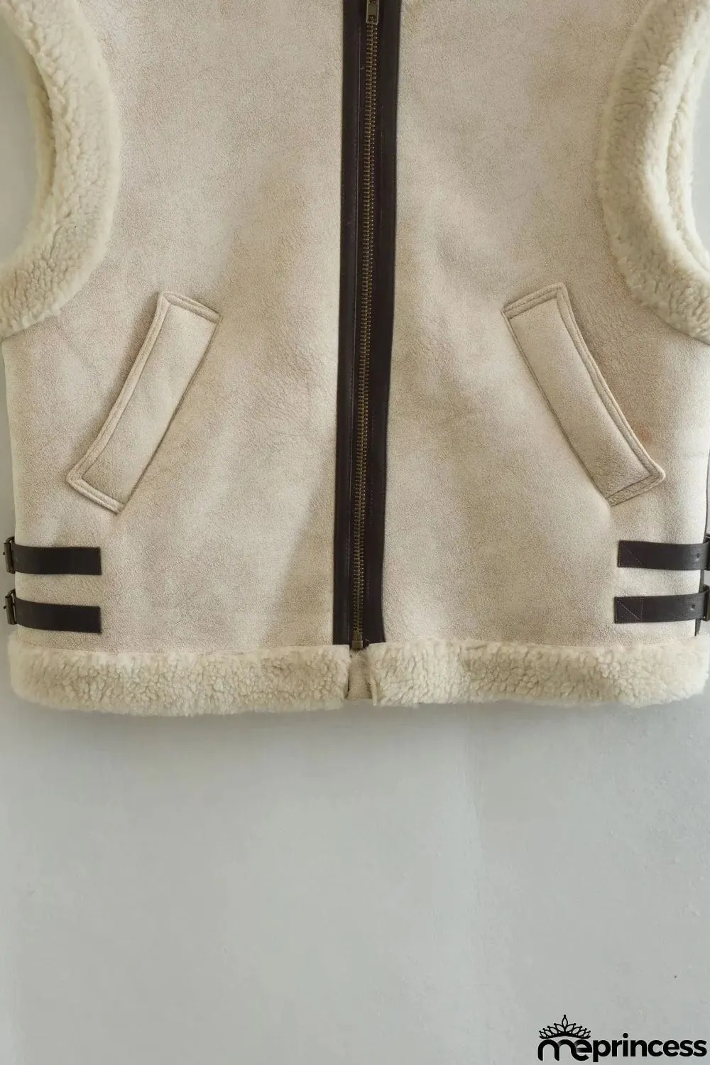 Collared Zip-Up Suede Sherpa Vest