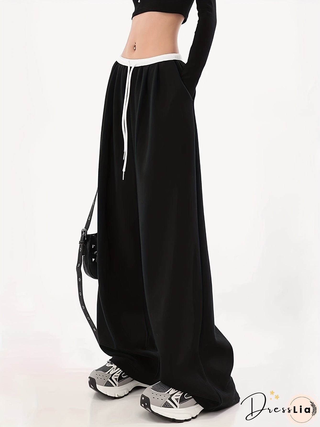 Color Block Wide Leg Pants, Casual Drawstring Loose Slant Pockets Pants For Spring & Fall, Women's Clothing