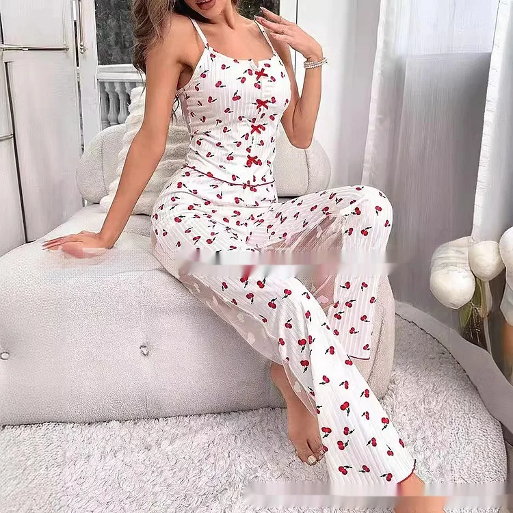 Printed Color Contrast  Front Split Sling Patchwork Pajamas
