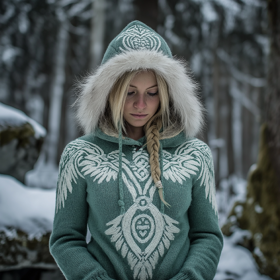 Vintage Viking Celtic Style Women's Hooded Knitted Sweater elevenforest