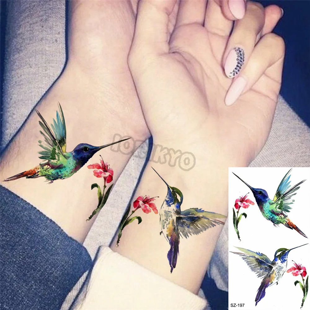 Colorful Dinosaur Temporary Tattoos For Kids Girls Rose Flower Lavender Hummingbird Fake Tattoo Sticker Forearm Neck Tatoos Show