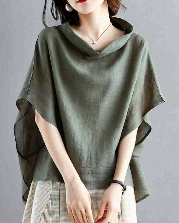 Cowl Neckline Batwing Sleeve Solid Color Top