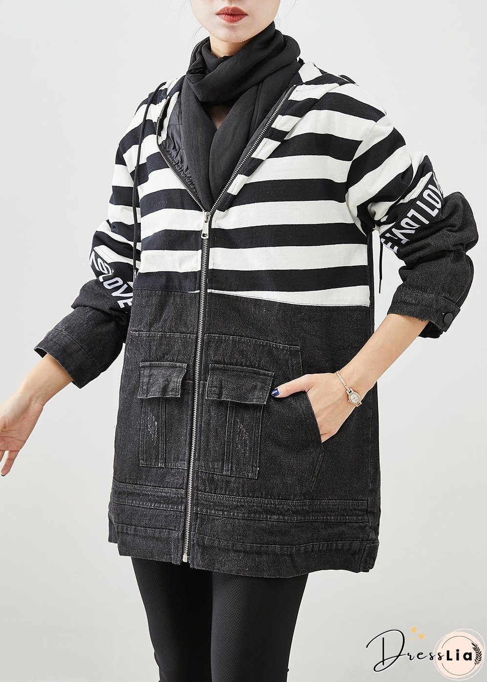 Plus Size Black Hooded Patchwork Striped Fine Cotton Filled Denim Jacket Witner