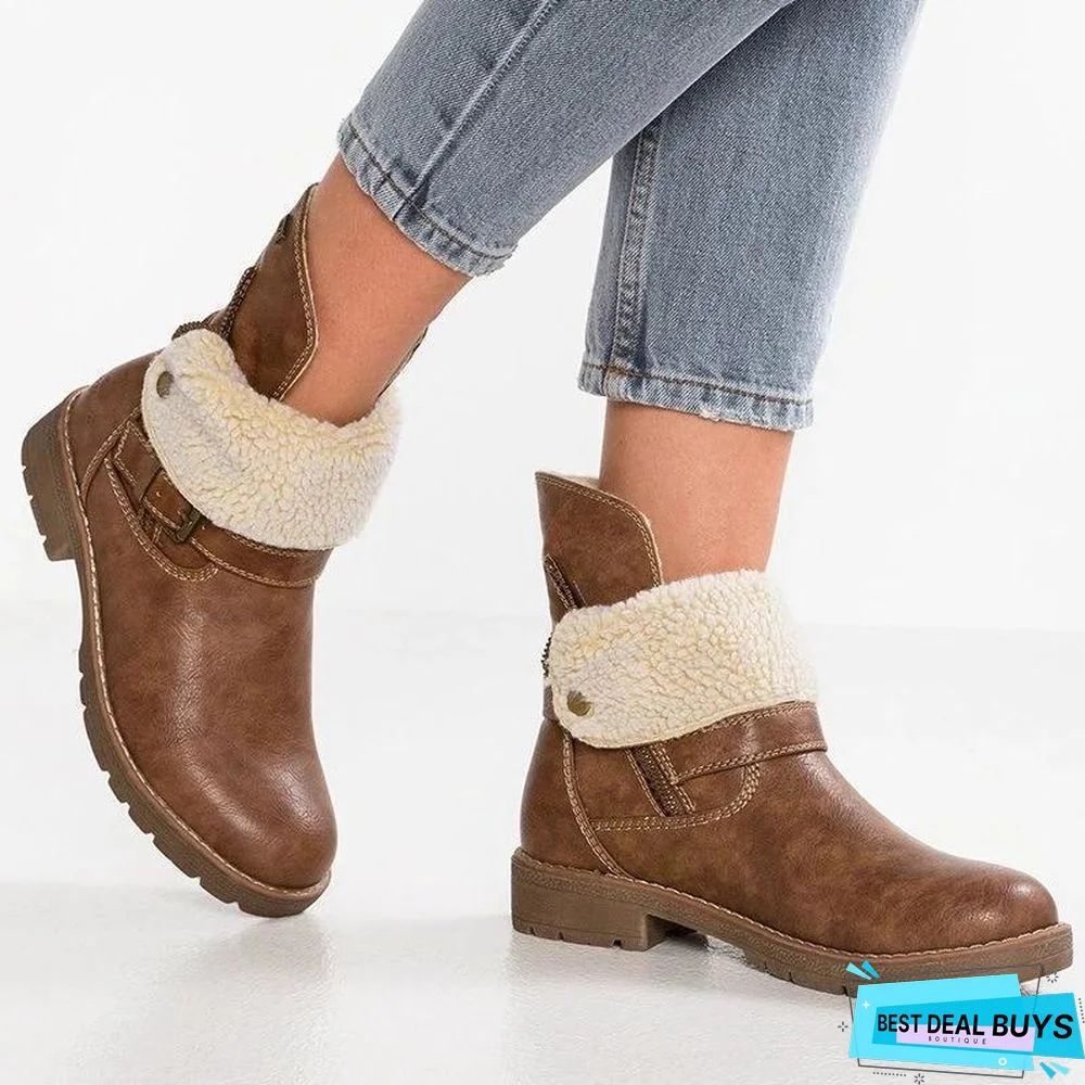 WOMENS LOW HEEL ZIPPER ANKLE SNOW BOOTS