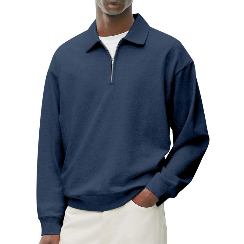 Men's Casual Cotton Blend Lapel Zipper Loose Long Sleeve Polo Shirt
