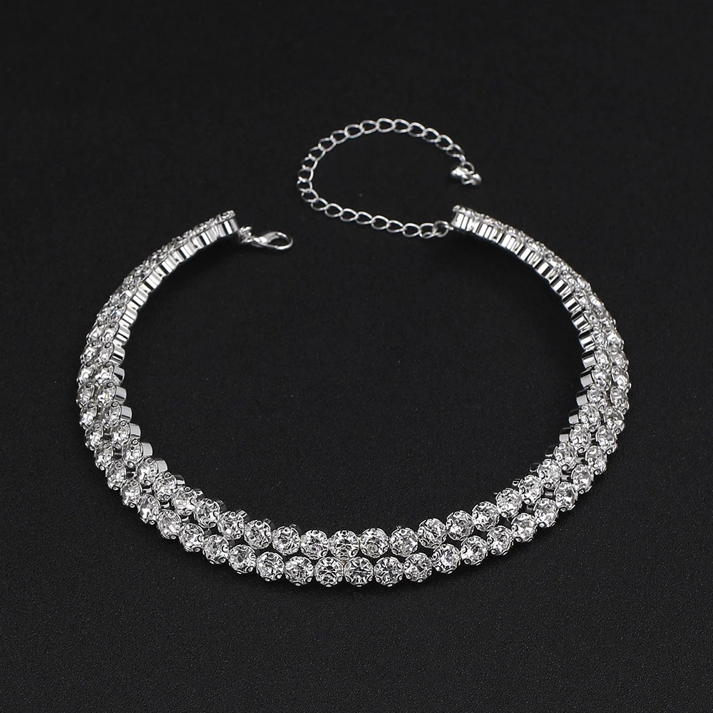 Wedding Guest Silver Double Row Rhinestone Necklace Earrings Bracelet Three Piece Jewelry Set 2024 - Flycurvy 
