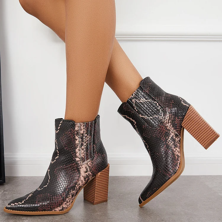 Pointed Toe Chunky Heel Ankle Boots Slip On Western Booties