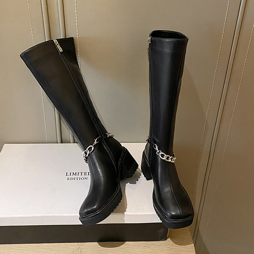 70mm Square Toe Block Heel Chain Rider Boots-vocosishoes