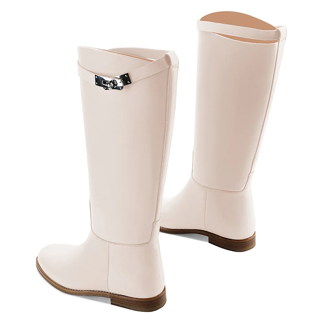 Women's Ivory Closed Toe Knee-High Slip On Flat Buckle Boots