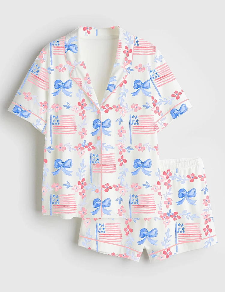 Women&rsquo;s Watercolor Patriotic 4th Of July Independence Day USA Flag Short Sleeve Satin Pajama Set