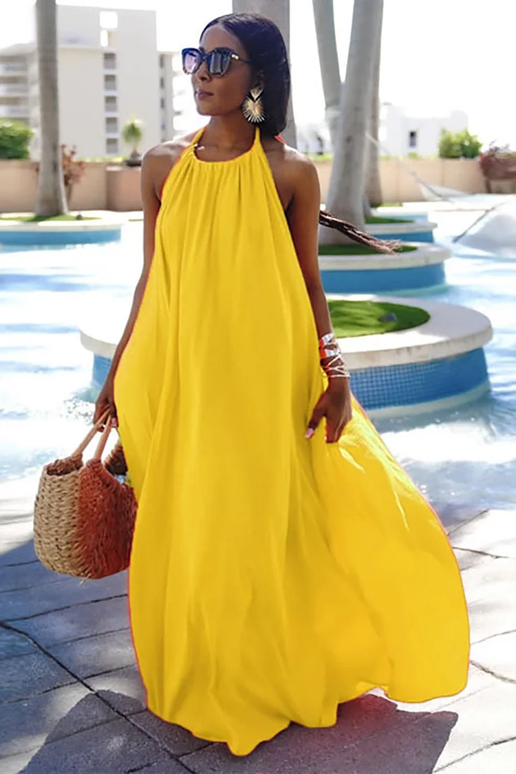 Halter Backless Pleated Sleeveless Casual Maxi Swing Dresses