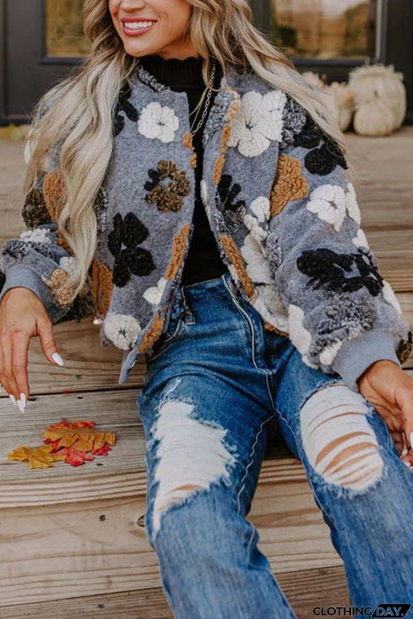 Foliage Falling Sherpa Flower Pattern Pocketed Cozy Jacket