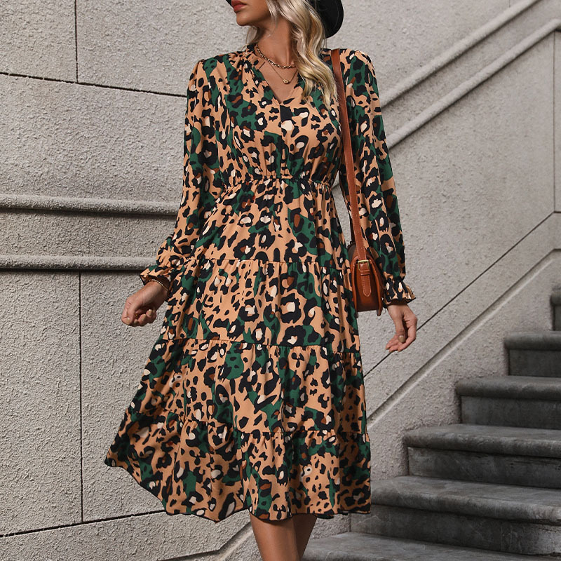 Mature Women Casual Mid-length Long Sleeve Leopard Print Dress