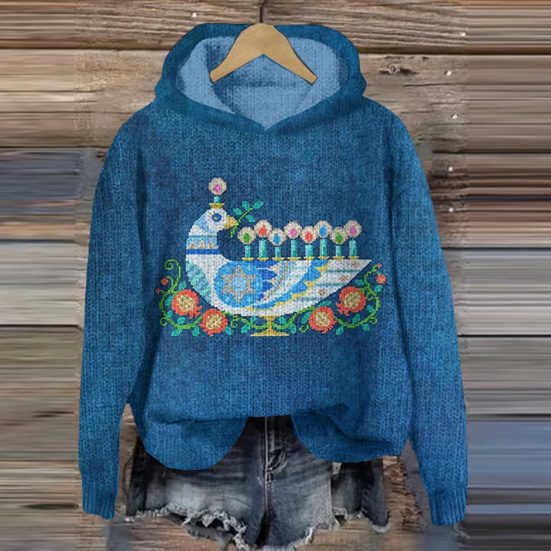 Vintage Peace Dove Love Hanukkah Art Embroidery Knitted Sweater