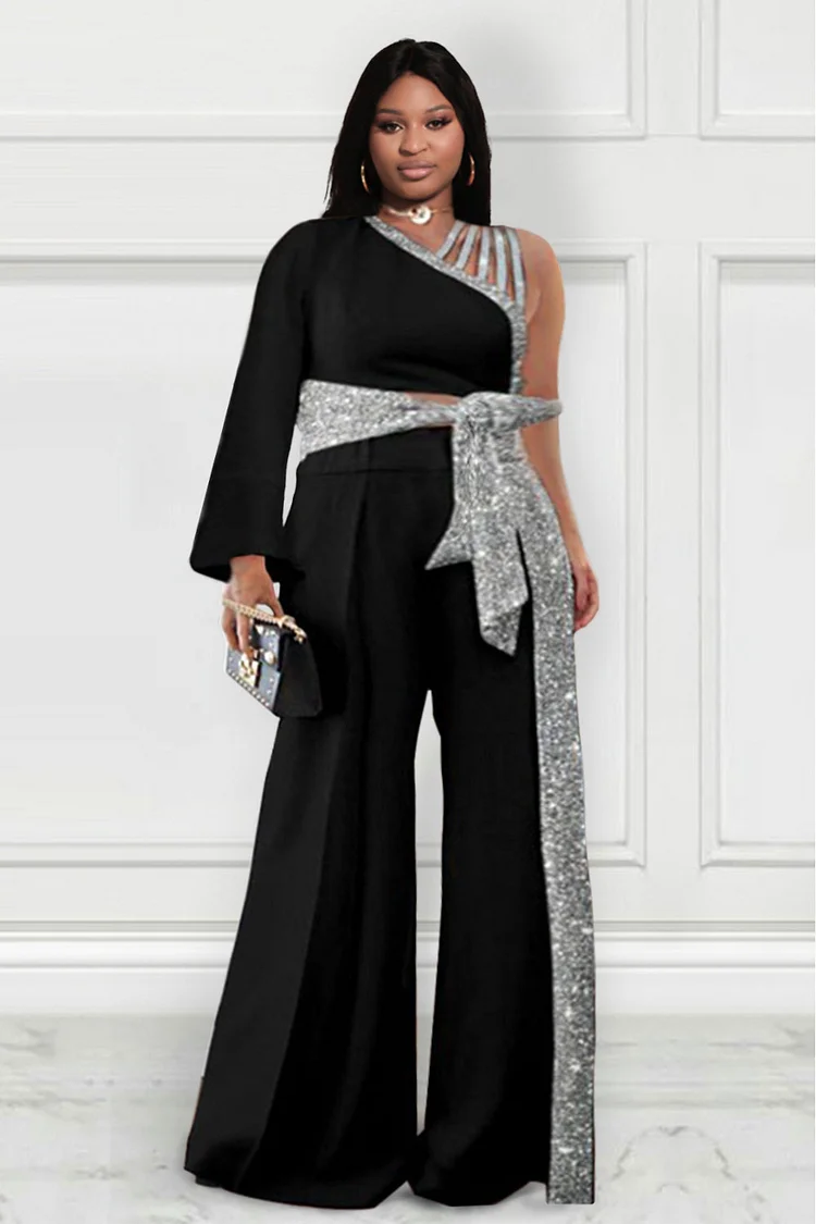 Xpluswear Design Plus Size Formal Jumpsuits Elegant Black Fall Winter Oblique Collar Long Sleeve Wide Leg Sequin Jumpsuits [Pre-Order]