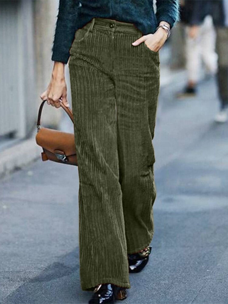 Women Vintage Corduroy Solid Color Casual Pants with Pocket