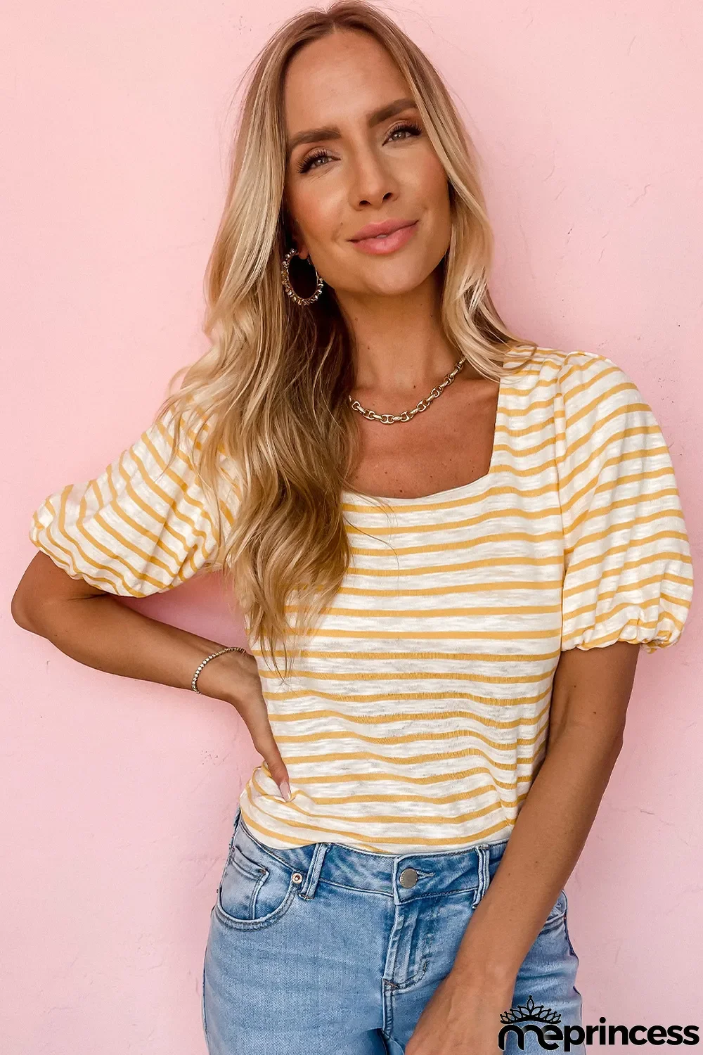 Stripe Square Neck Bubble Sleeve Top