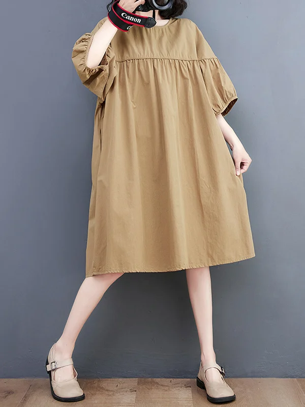 Loose Short Sleeves Solid Color Round-Neck Midi Dresses