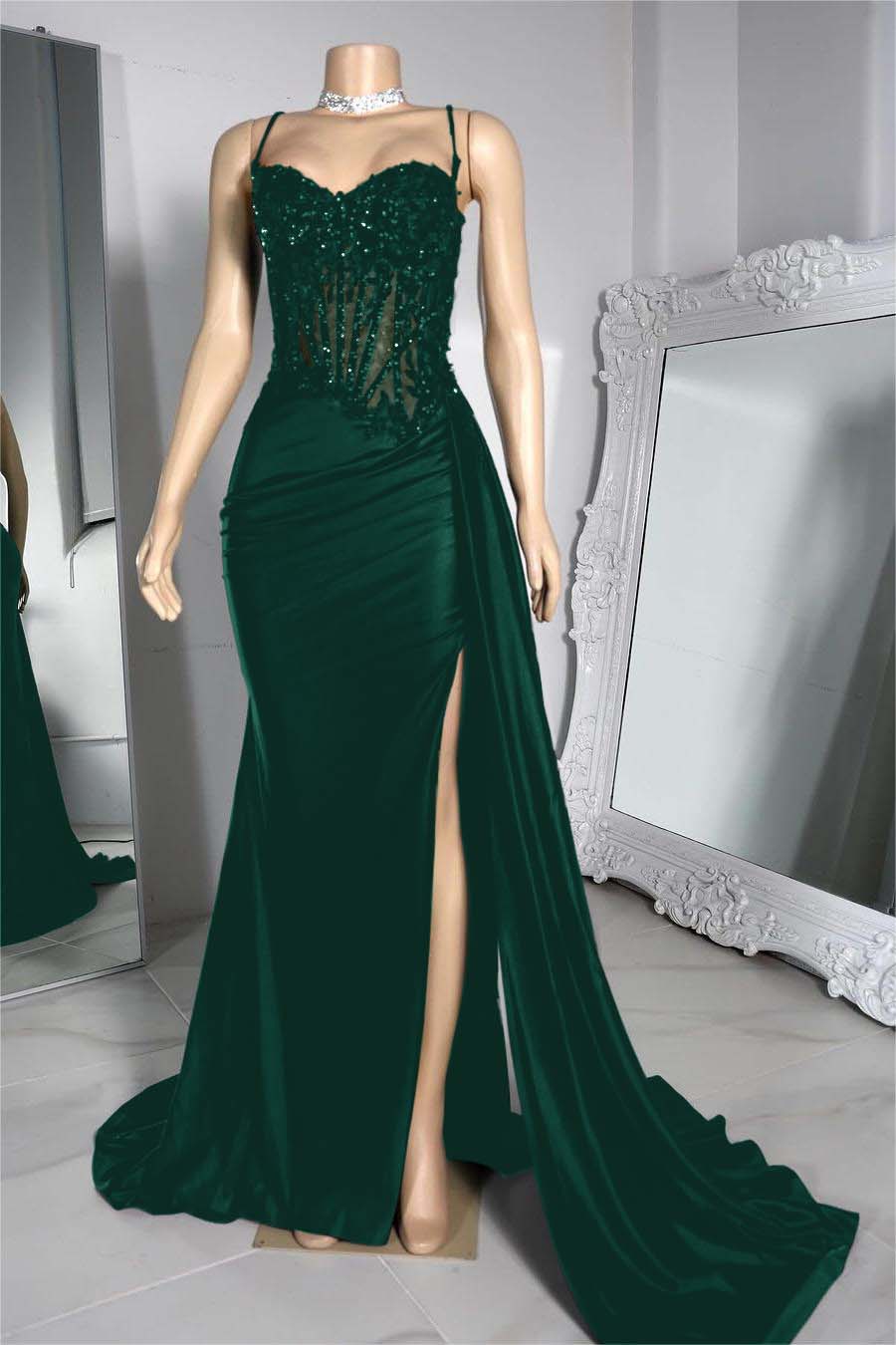 Hidais Exquisite Black Spaghetti Strap Sleeveless Pleated Long Split Prom Dress With Beading