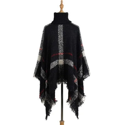 Fitshinling Bohemian Fringe Poncho Women Sweater Oversized Turtleneck Jumper Knitwear Holiday Vintage Cape Batwing Sleeve Ponczo