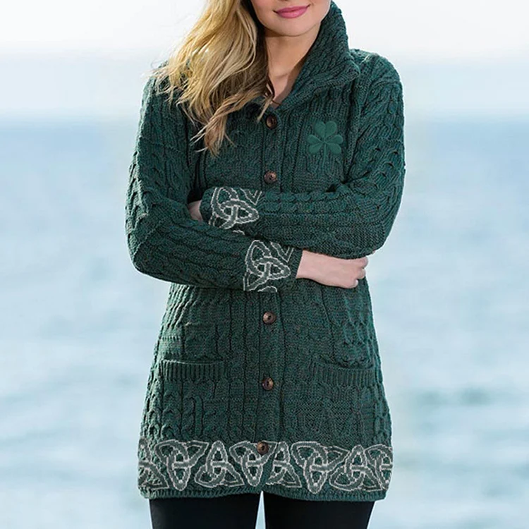 Utbros Women's Celtic Knit Jacquard Lapel Button Sweater